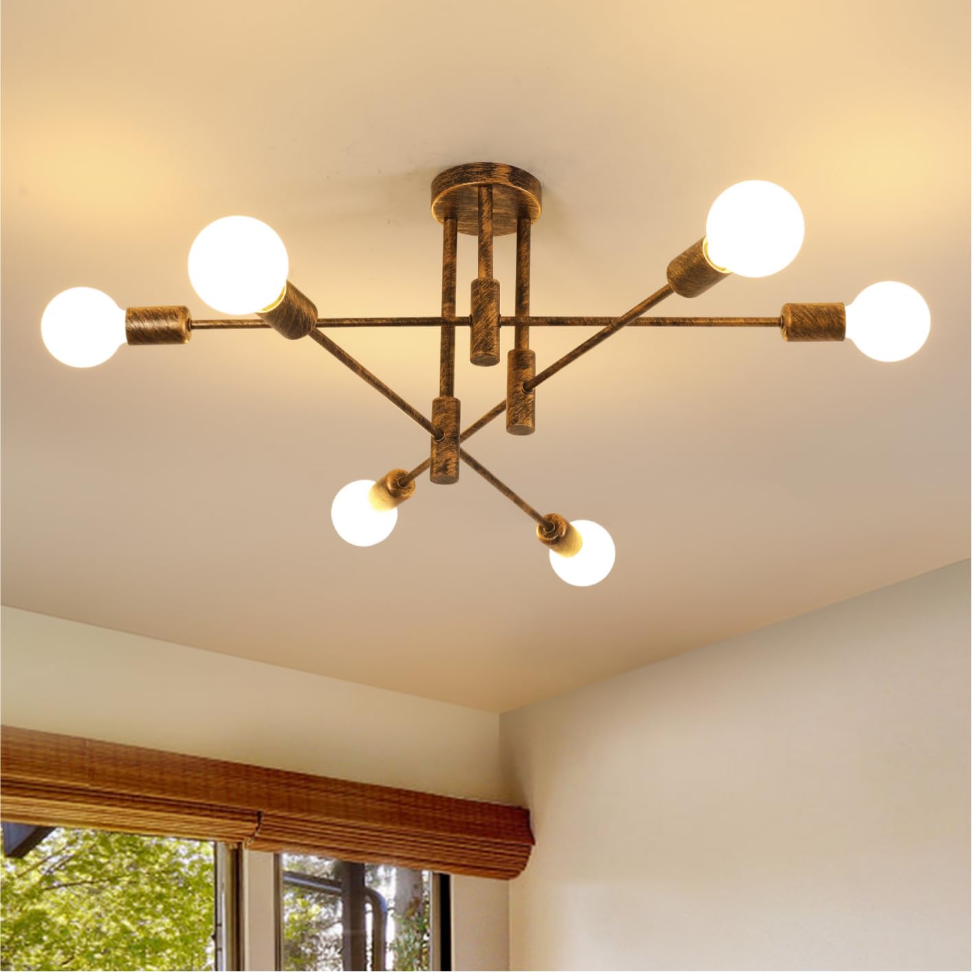 Comely Vintage Sputnik Chandelier Ceiling Light, 6 Lights Semi Flush Mount Ceiling Lamp, E27 Ceiling Lighting for Living Room Bedroom Dining Room Hallway, Bronze