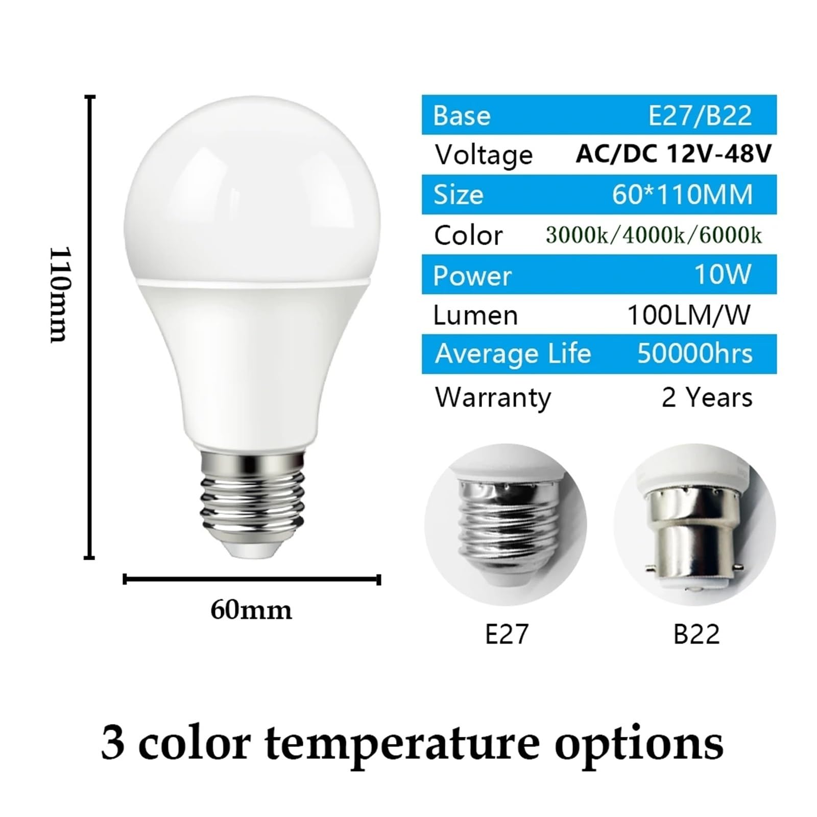 Żarówka 2–10 szt. LED żarówka niskonapięciowa 12 V 24 V 36 V 48 V E27 B22 10 W Bombilla do żarówek solarnych LED 12 V, niskie napięcie, oświetlenie (3000 K, G45 5 W B22_ żarówki