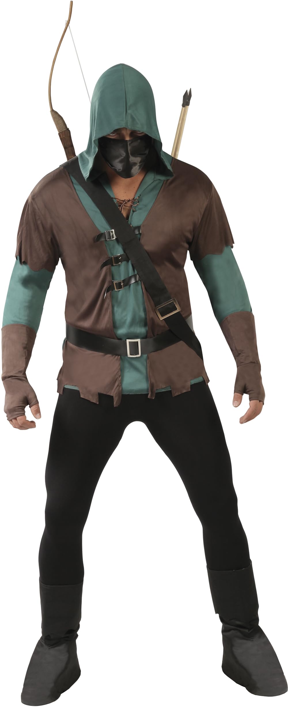FIESTAS GUIRCA | Archer Fancy Dress Adult (36-38/S) - Hood, Tunic, Belt, Boot Covers and Mask - Medieval, Bandit and Musketeer Costumes for Halloween and Carnival - Brown and Green