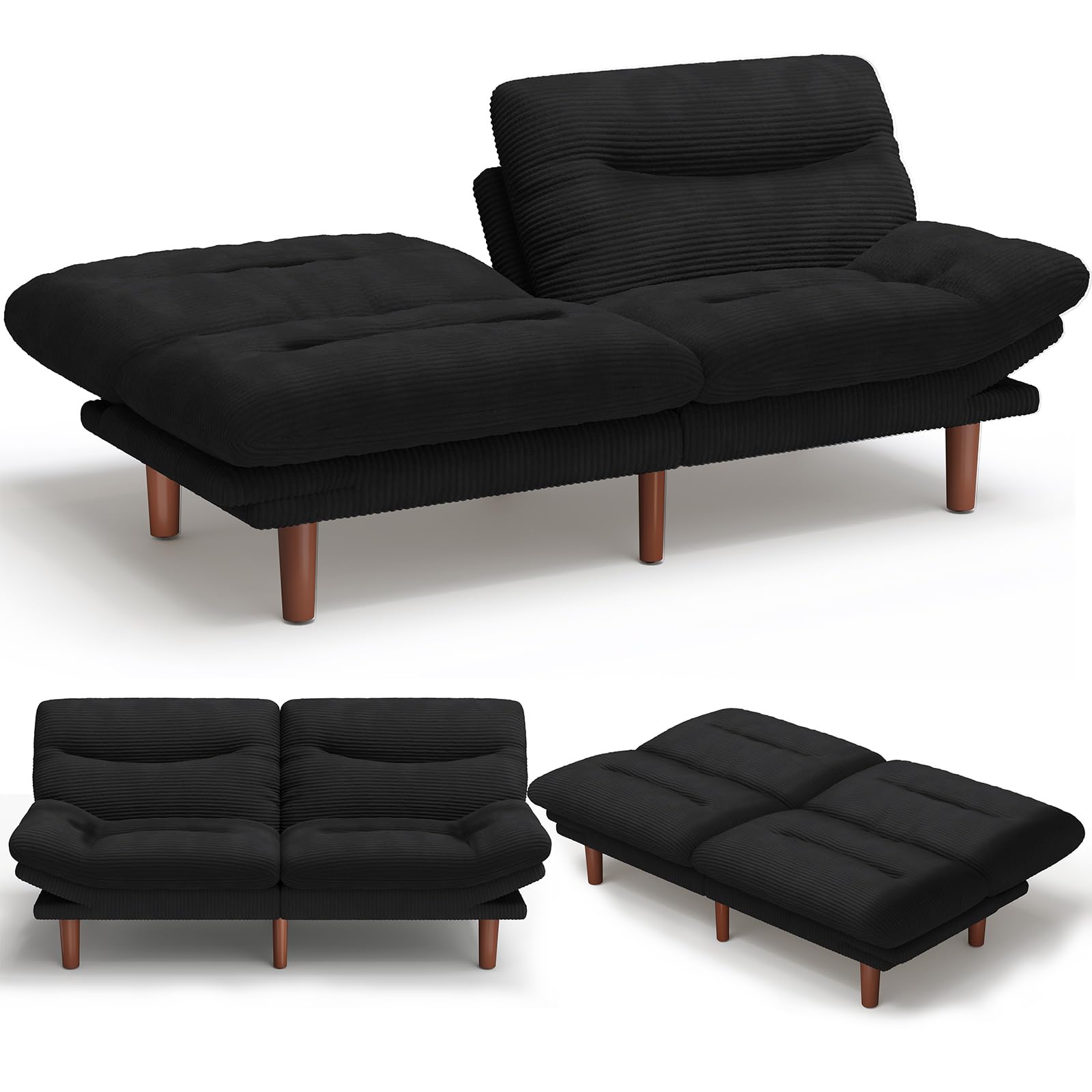 Amada 66 inch Convertible Corduroy Futon Sofa Bed, Black