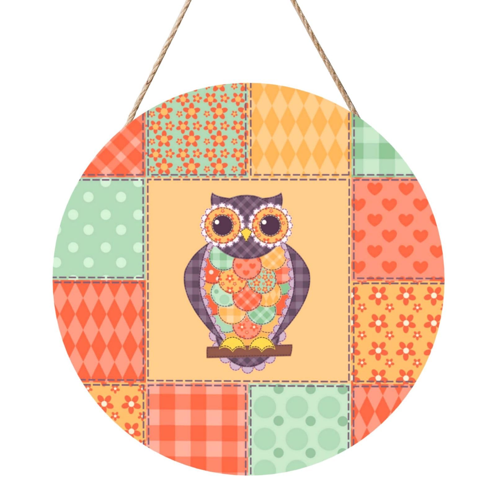 InOmak Colored Patchwork Owl, Round Wood Panel Painting 12 in, Wall Hanging Painting For Home