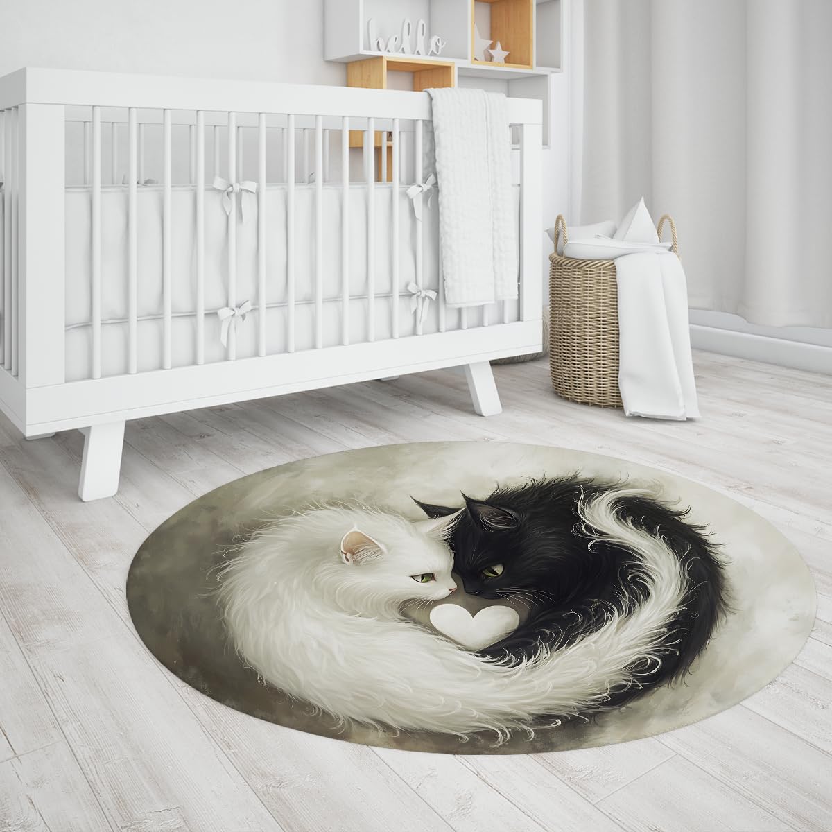 Tapis Rond Lavable de Style Noir et Blanc 120cm Motif de Chat Mignon Tapis de Cercle de Sol intérieur antidérapant à Poils Ras pour Chambre à Coucher Salle de conférence