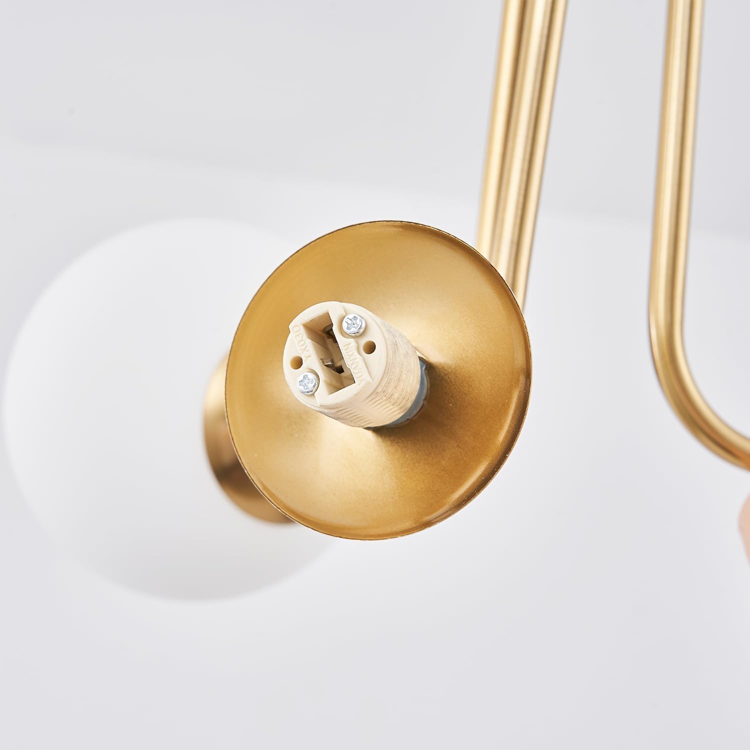 Modern Semi Flush Mount Ceiling Light,Globe Milk Glass Shade Brushed Brass Finish Ceiling Light 3-Light with Ceramic Base,Sputnik Chandeliers for Bedroom Hallway Dining Room Lighting Fixture