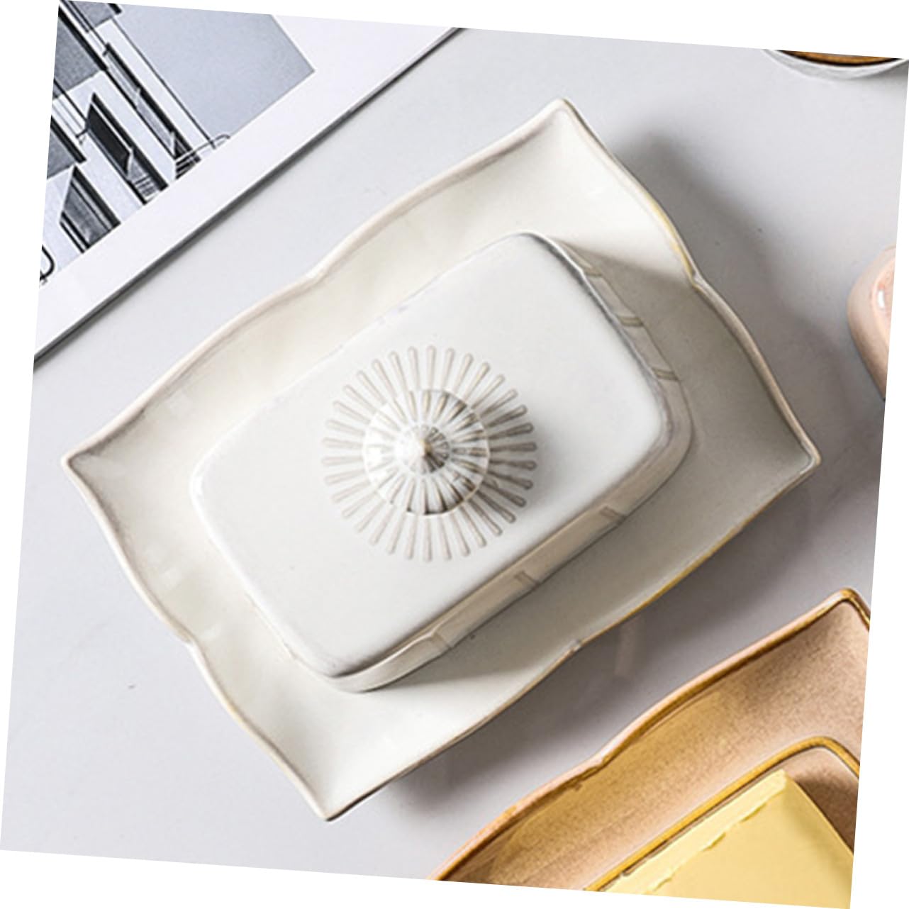 Beurrier en Céramique Blanc Couvercle, 1 Set pour Rangement