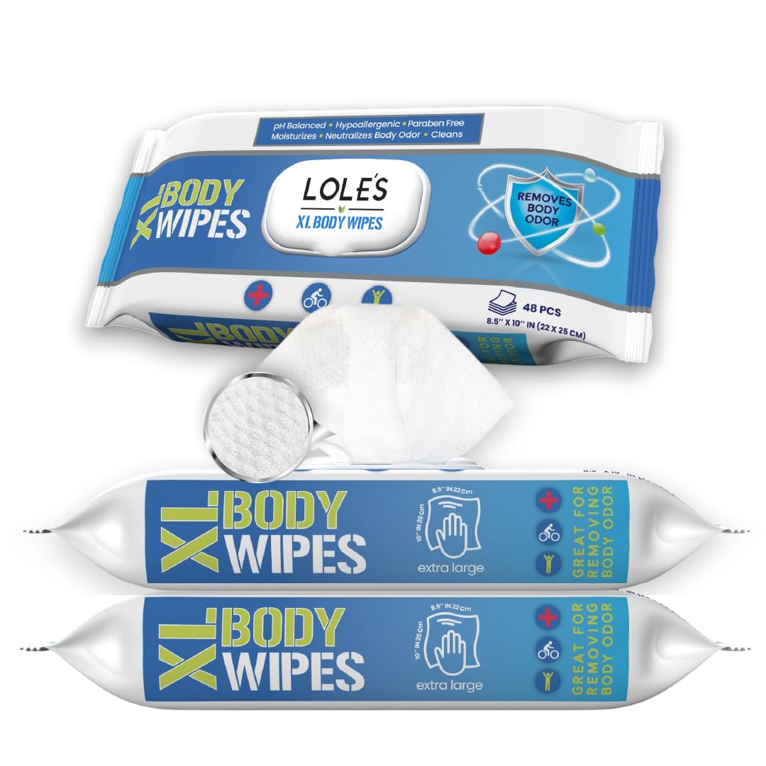 LOLE'S XL Body Wipes - Cleansing No Shower Bed Bath Wet Wipes for Adults - Large & Fresh - Ideal for Camping, Gym, Travel, Hospital (2pk x 48)