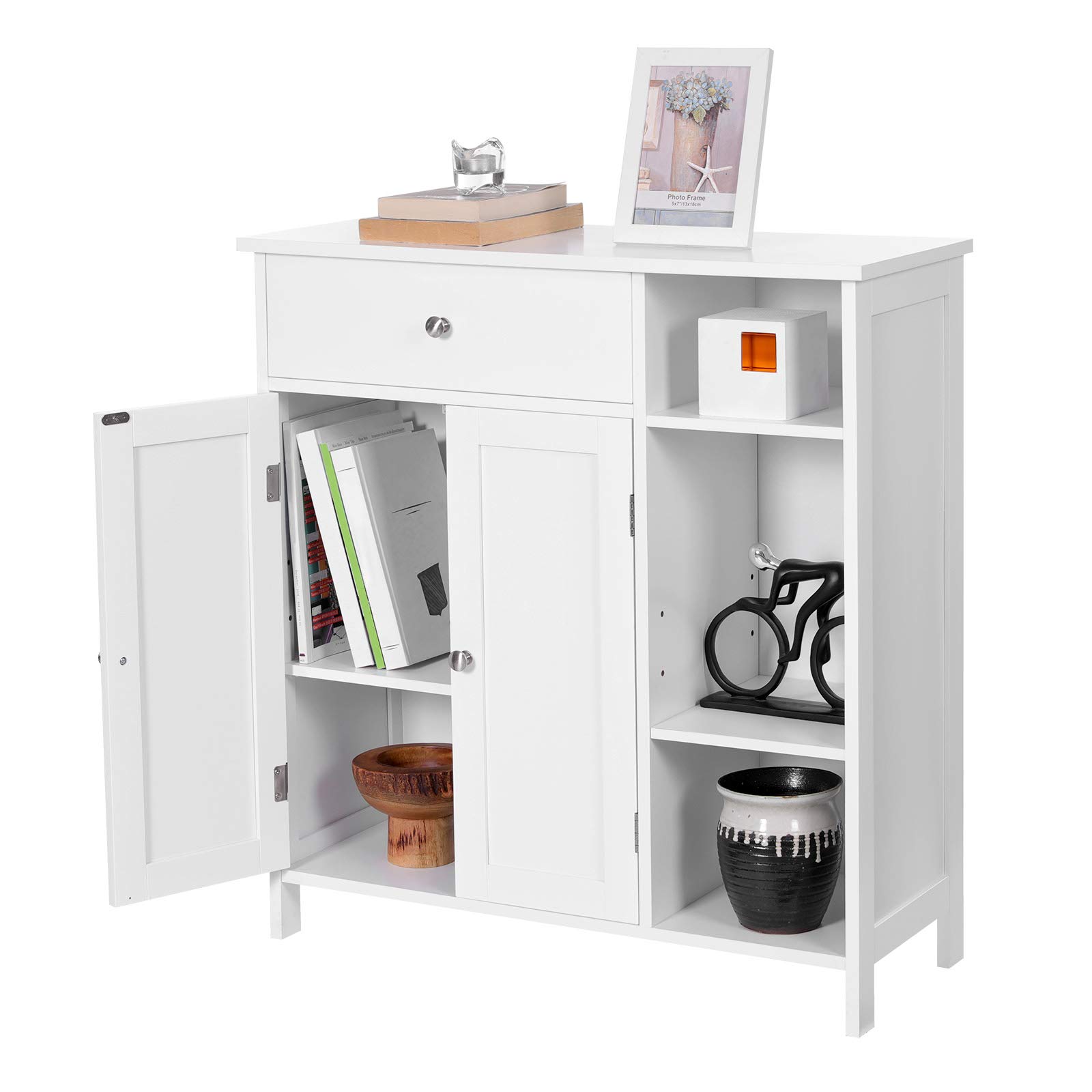 VASAGLE BBC142W01 Szafka łazienkowa, organizer do przechowywania, szafka z szufladą, 3 otwarte półki, regulowane półki, 2 drzwi, 75 x 30 x 80 cm, styl skandynawski, biały matowy