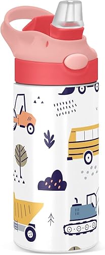Cute Truck Excavator - Botella de agua para niños, botellas de agua aisladas de acero inoxidable con tapa con pajilla, 12 onzas, sin BPA, a prueba