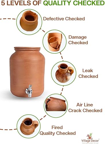 Miniatura 8 de Village Decor Olla de agua de arcilla de tierra hecha a mano  Dispensador de bebidas de arcilla con grifo de acero inoxidable y vidrio de arcilla,