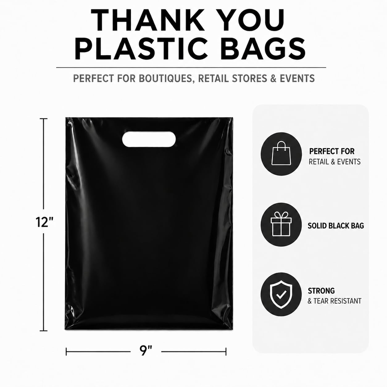 Plastikowa torba z wykrawanym uchwytem 23 x 30 cm, czarne plastikowe torby na towary, 100 sztuk do sprzedaży detalicznej, na prezenty, targi i nie tylko (23 cm x 30 cm)