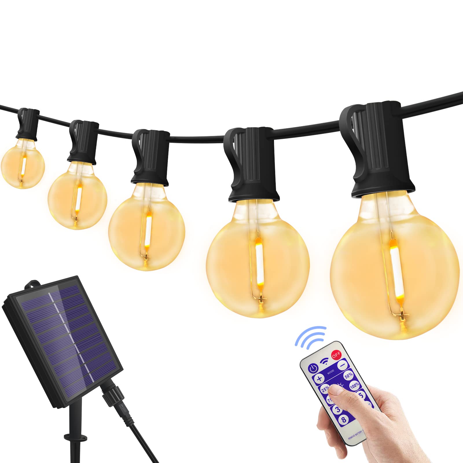 Solar String Lights Outdoor 33FT with 20+1 Spare G40 Bulbs Solar String Lights Waterproof Patio Decorative String Lights Outdoor with Remote for Backyard Garden Cafe Bistro Wedding Party (8 Modes/USB)