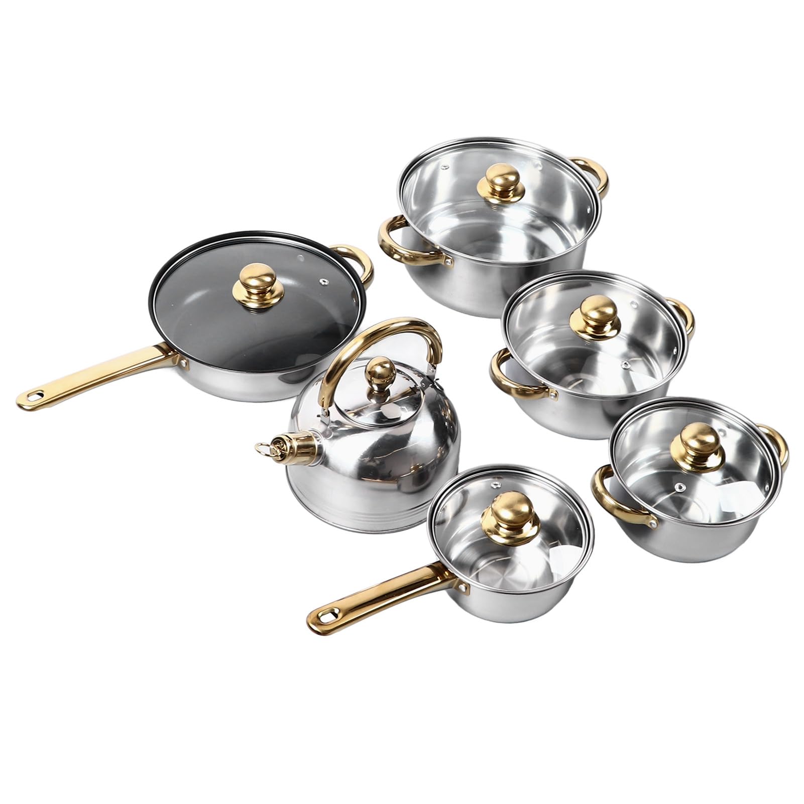 Set di pentole e padelle da in acciaio inossidabile da 12 pezzi con manici dorati Set completo di pentole e padelle per casalinga Dimensioni multiple Compatibile con induz