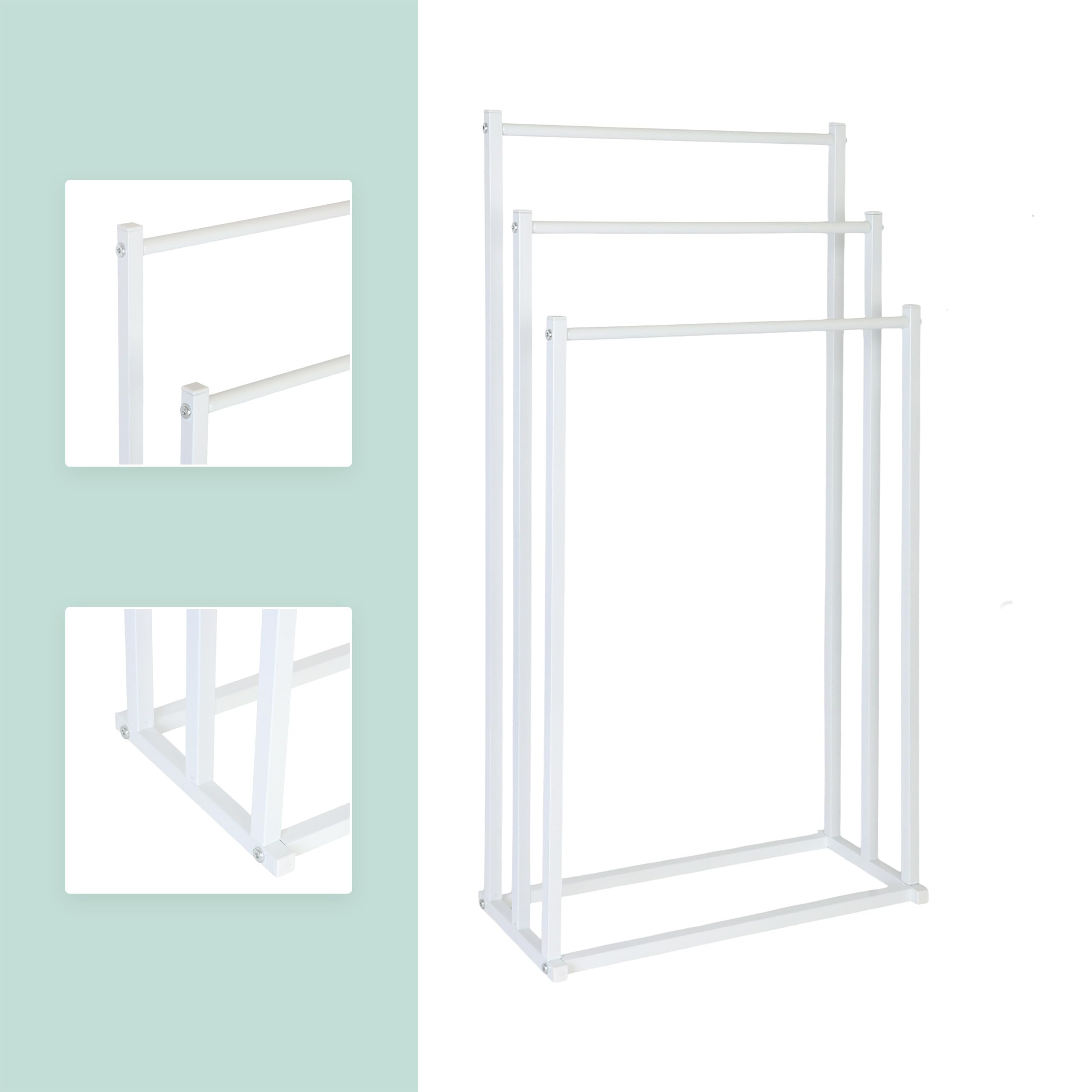Porte-Serviettes Relaxdays, H x L x P : 86 x 44 x 21 cm, métal, 3 Barres, Salle de Bains, Porte-Serviettes Debout, Blanc
