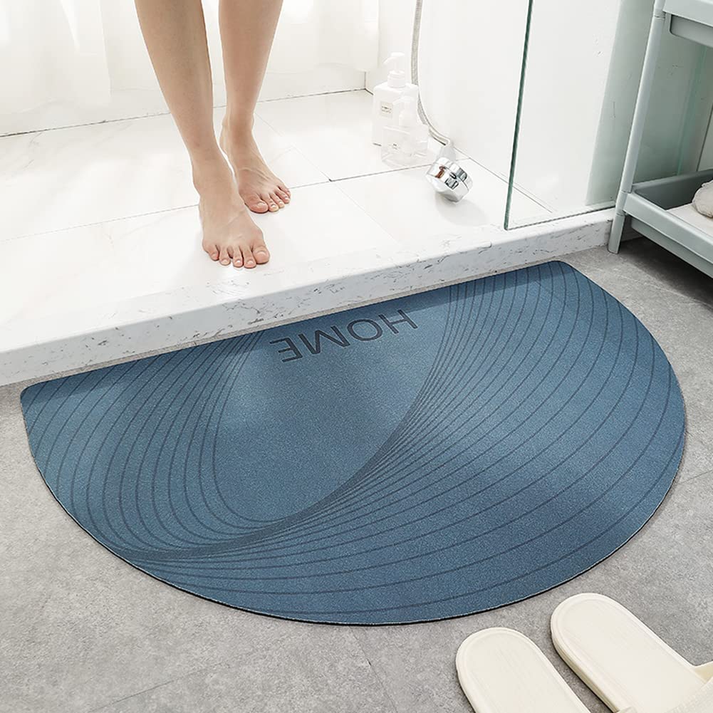 Half Circle Bath Rug Non Slip Quick Drying Bath Mat Washable Thin Bathroom Rug Fits Under Door for Shower Sink Bathtub - Blue, 19.7"x31.5"