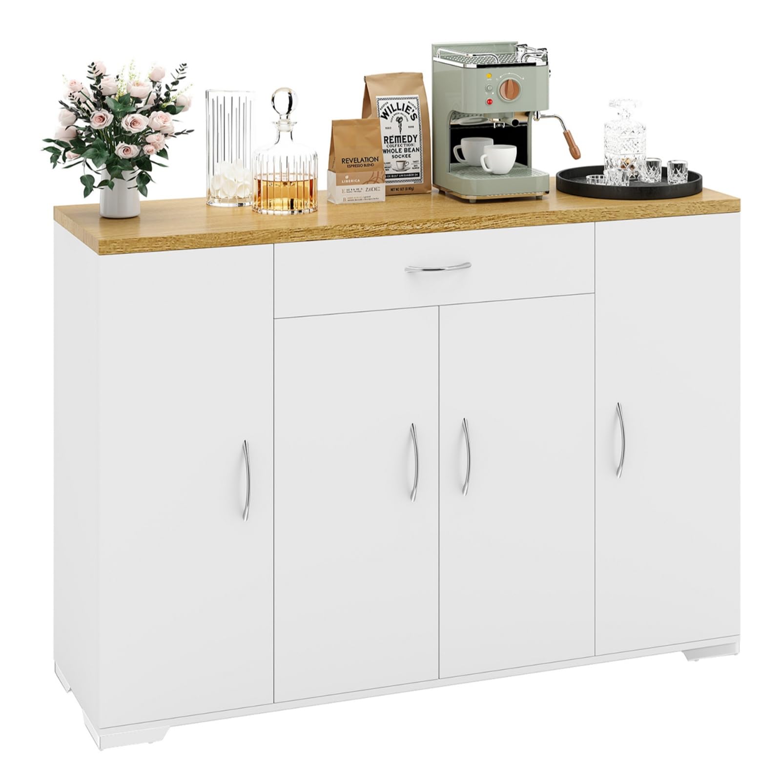 Credenza Cucina Moderna 110×30×70 cm, Mobile Cucina Salvaspazio con 1 Cassetto e 4 Ante, Madia Cucina Antiribaltamento, Legno MDF, Bianca