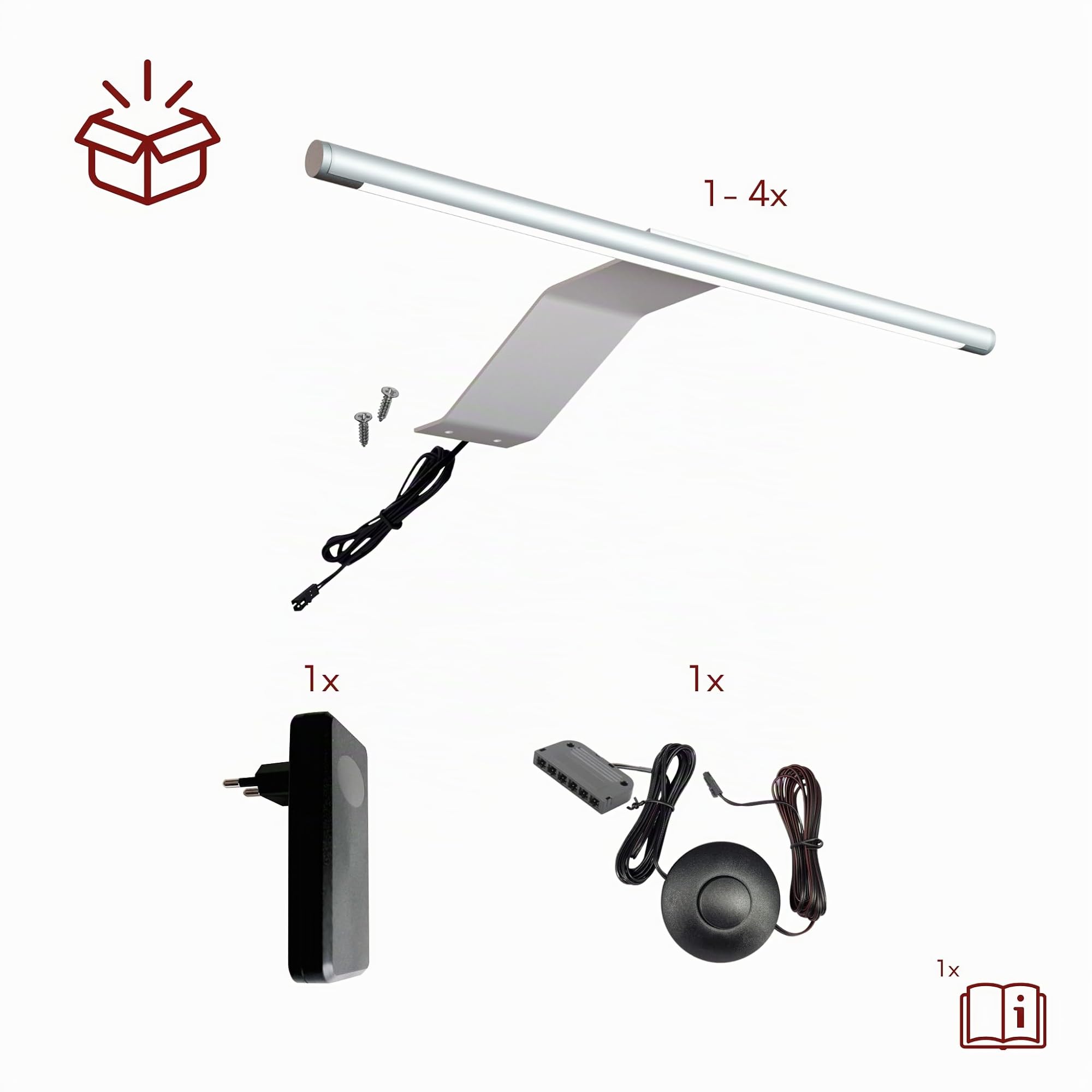 kalb | LED Aufbauleuchte, 340x170x40 mm, Schrankleuchte mit LED Modul, 12VDC, 4 W, 230 lm pro Leuchte, mit Schalter und Netzteil, silbergrau, für Schränke (Silbergrau, 4er Set, Warmweiß)