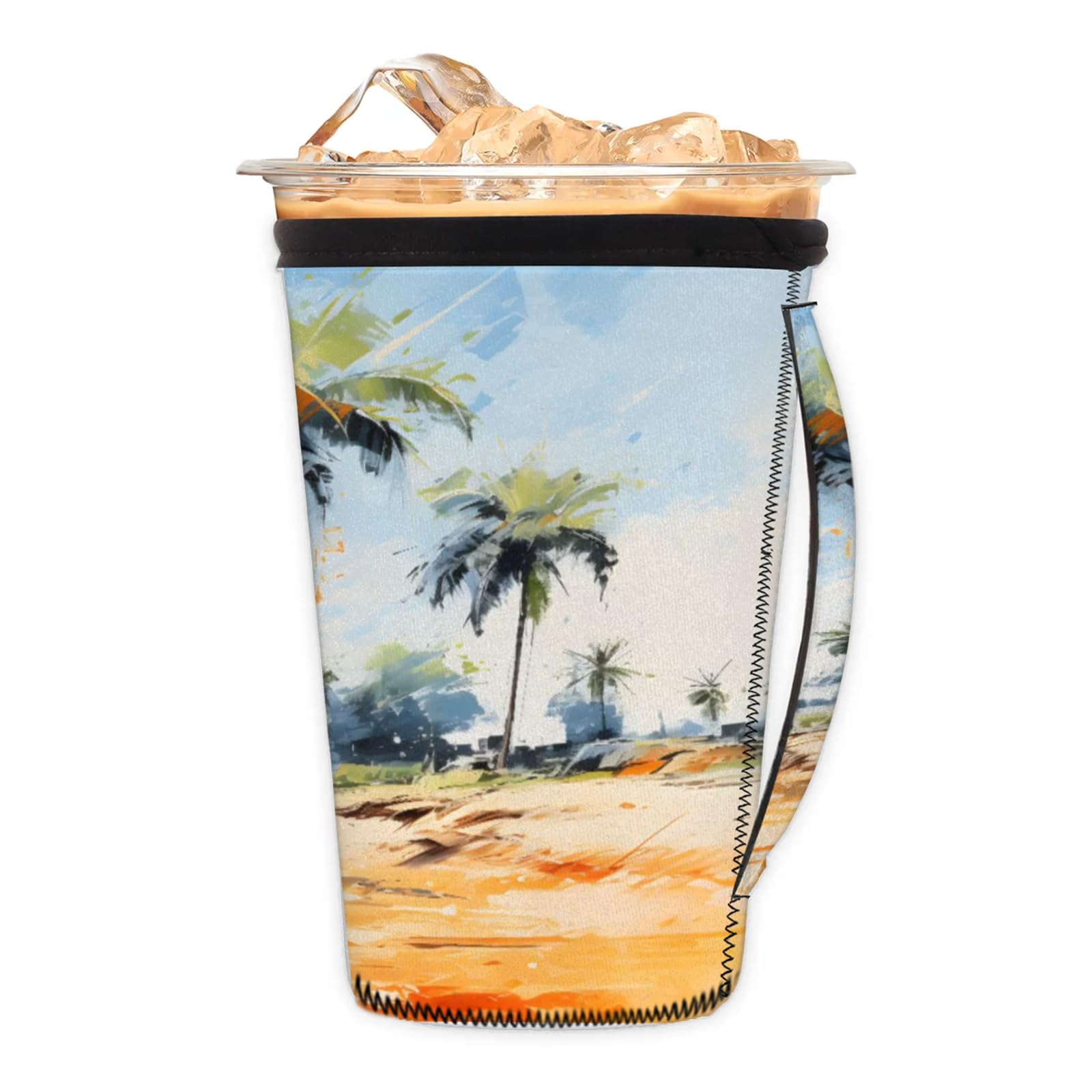 Abstract Hand Painted Coconut Beach Reusable Neoprene Coffee Sleeve with Handle Insulated Iced Coffee Cup Holder Reduces Condensation Fits 24-28 oz Cups M