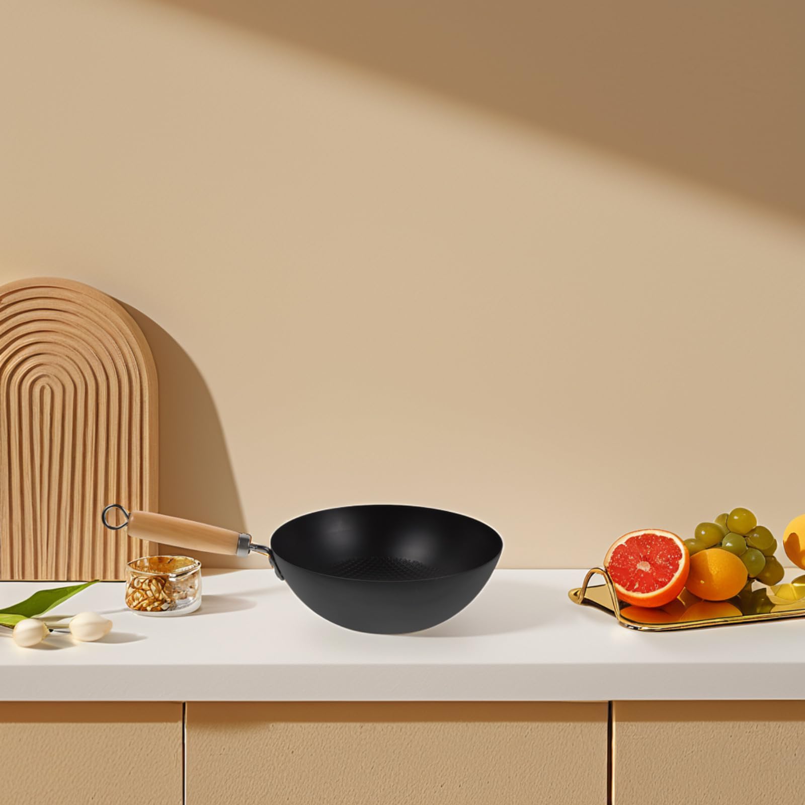 GALPADA Padella Wok in Ferro Battuto Piccolo Manico Ergonomico per Fornello a Gas, Pentola Wok Antiaderente ad Ampio Uso per Cucina Quotidiana