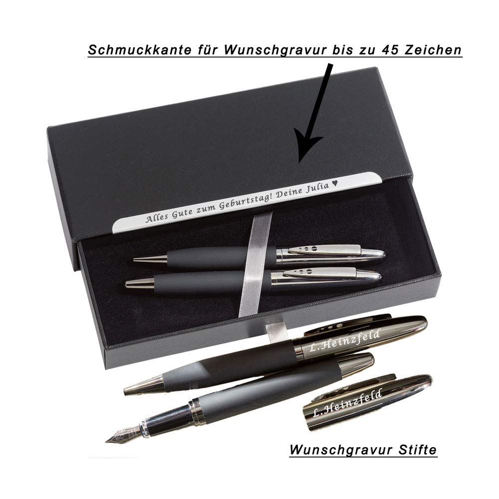Juwelier Schönschmied Schreibset BLACK ELEGANCE mit Gravur Füller mit Gravur schwarze Geschenkbox mit Schublade & Schmuckkante - Gun-Metall-Optik mit gummierter Griffzone Schreibset PS7