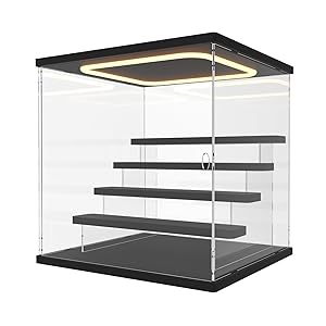 Nynelly Vitrina de Acrílico con Luz LED para Colecciones, 5 Niveles Caja Vitrina Expositoras, con Puerta y Escalones, Antipolvo Caja Organizadora para Figuras, Funko Pop, Modelos, Negro