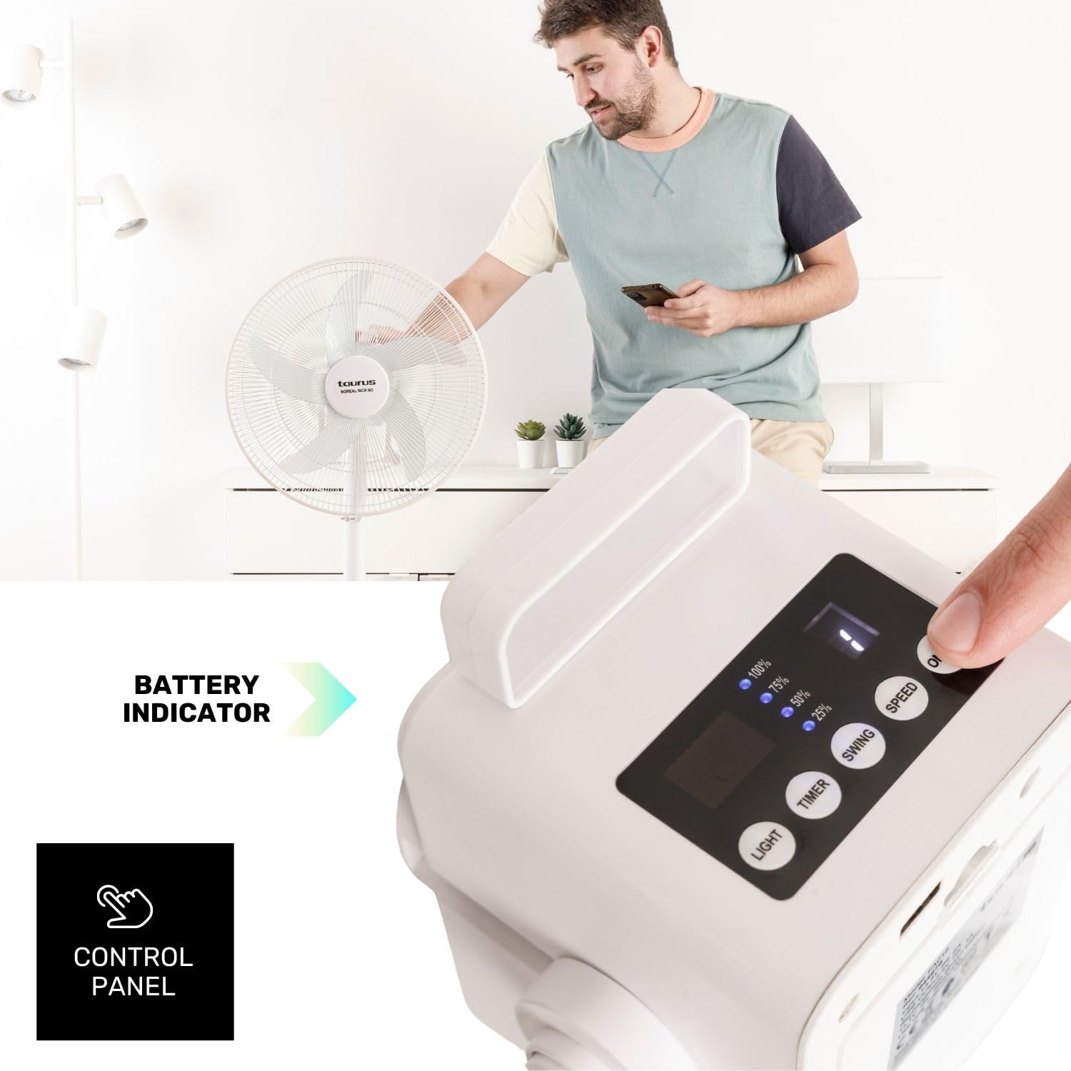 Taurus - Stand Fan Rechargable Boreal 16CR Go |35W|Batteria | Autonomia 8h |Tempo di ricarica 4h |5 velocità |3 modalità |5 pale da 40 cm |Temp 8 ore | Altezza regolabile | luce posteriore