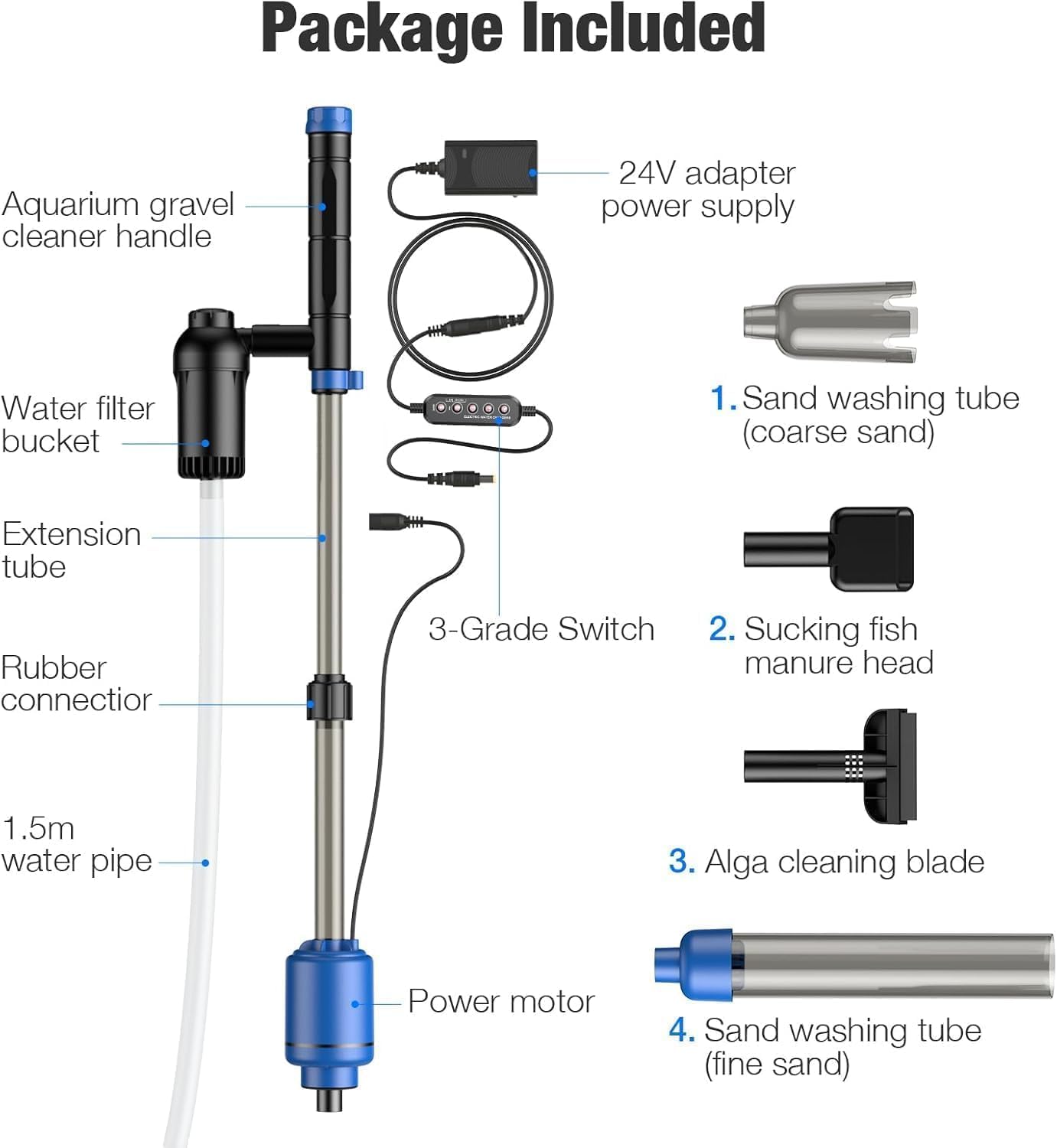 bedee Aspiradora de grava para acuario, aspiradora eléctrica de 24 W, limpiador de acuario multifuncional 6 en 1 para cambio automático de agua, arena de lavado, circulación de agua y apagado