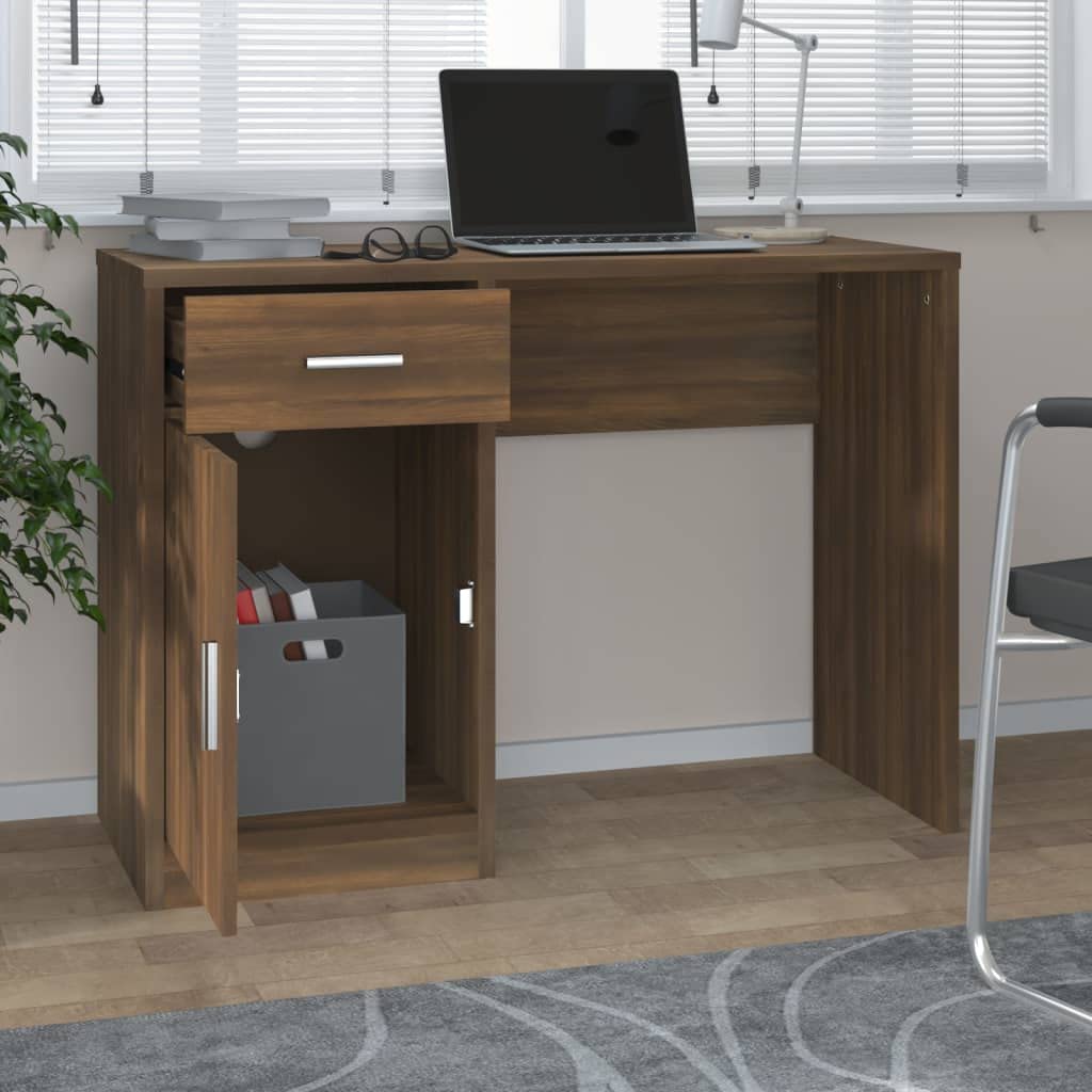 Scrivania con vano portaoggetti, colore marrone, effetto rovere, 100 x 40 x 73 cm, moderna scrivania per computer per ufficio, robusto materiale in legno, studio, mobili