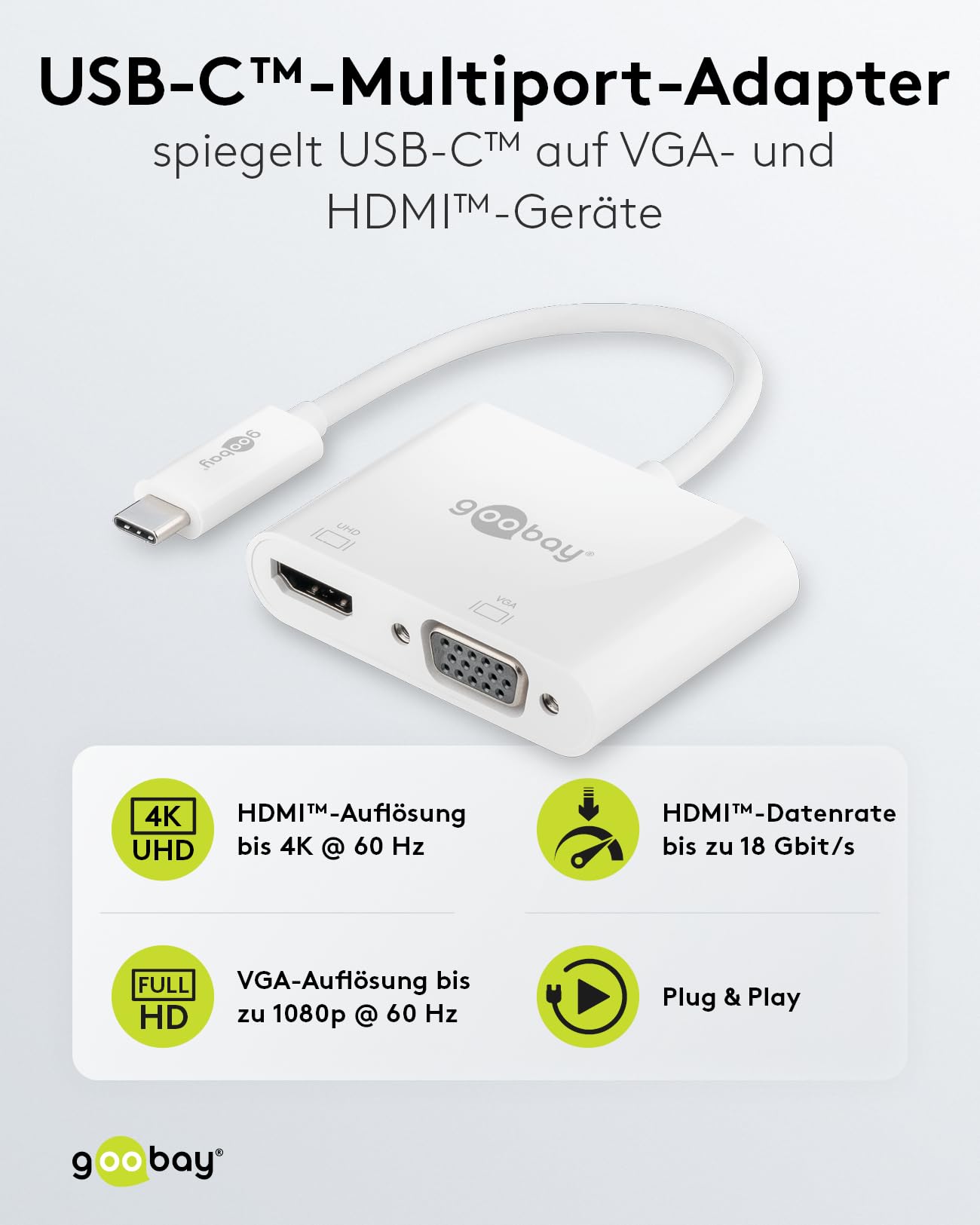 goobay 52430 Multiport Adapter USB-C auf HDMI + VGA - Auflösung bis 4k*2k@60Hz (HDMI) / 1920x1080p@60Hz (VGA) - Spiegelt auf bis zu 3 Bildschirme
