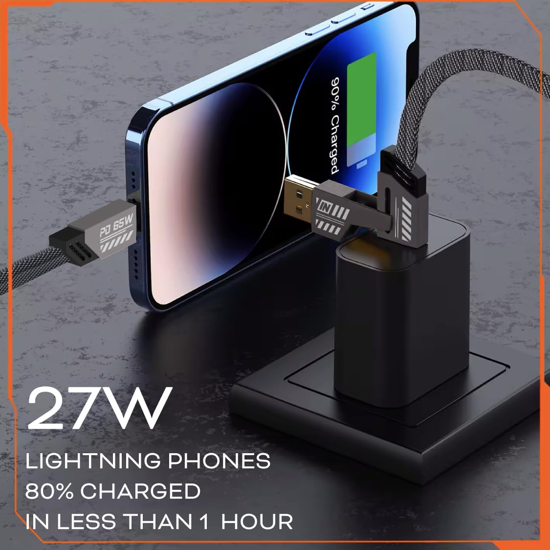 Ankus Uniwersalny kabel do ładowania 4 w 1, USB-C i Lightning, szybkie ładowanie 65 W, 1,2 m z zapięciem na rzep, kompatybilny z iPhone'em, Samsungiem i innymi, szary