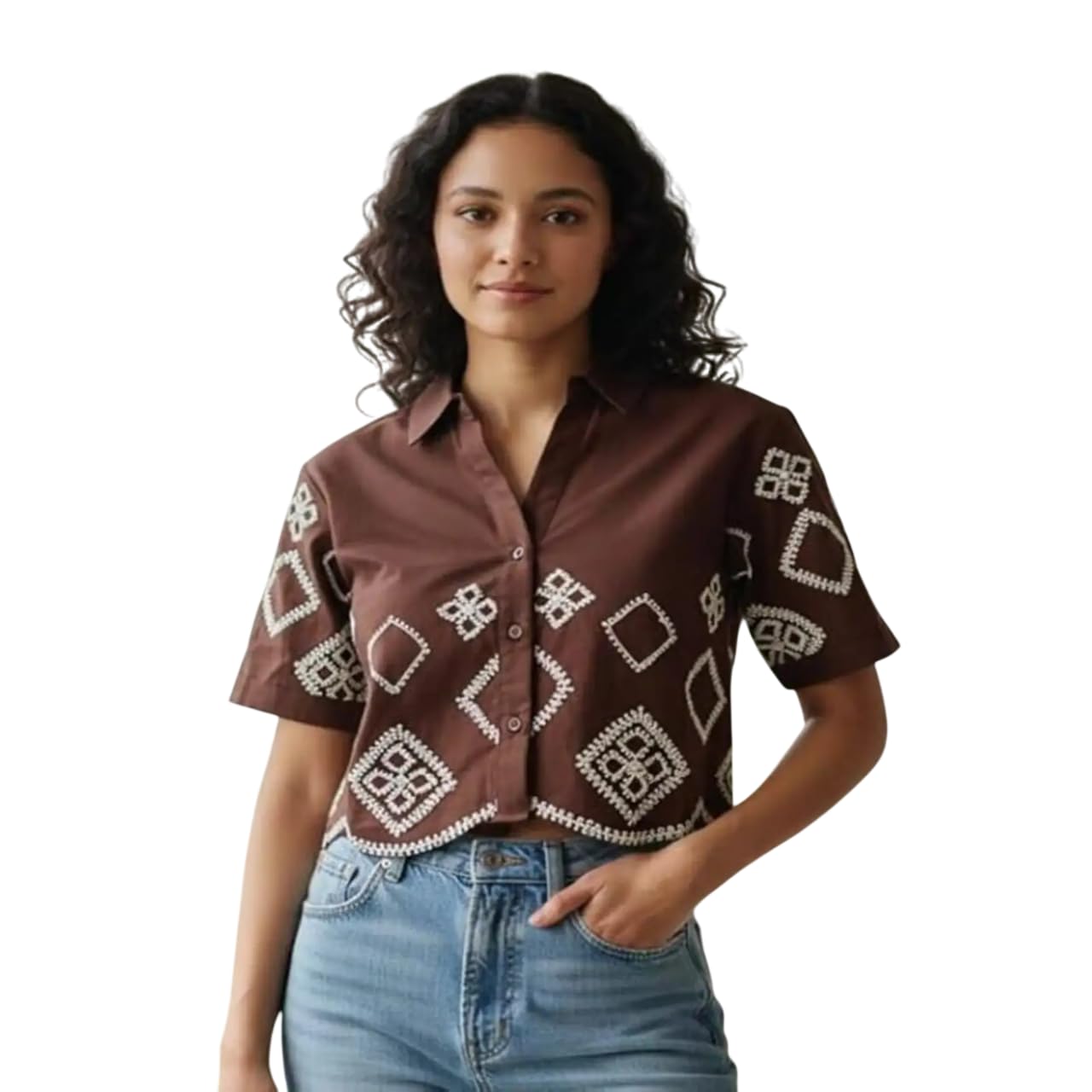 Women’s Printed Short Sleeve Shirt – Stylish Casual Button-Down Top with Geometric Embroidery Design, Soft Fabric, Trendy Everyday Wear for Women-picture-12