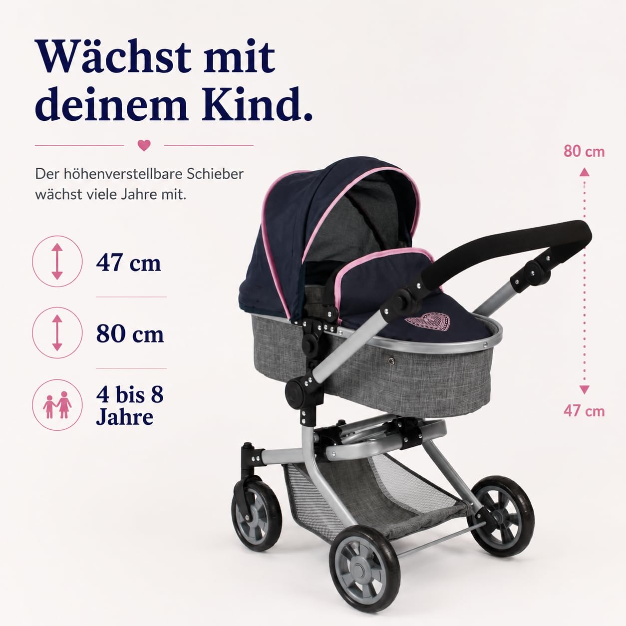 Bayer Chic 2000 Poussette poupée Mika 2 en 1 Pliable et réglable | Poussette poupée 2 en 1 pliable avec poignée réglable (47-80 cm), pour poupées jusqu'à 52 cm.