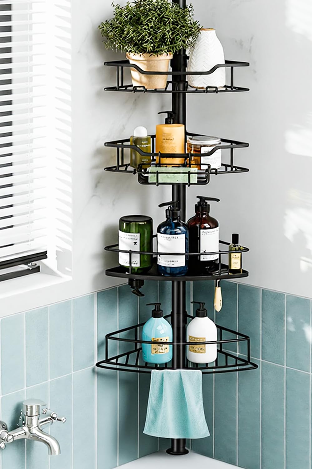 Dimyno Corner Shower Caddy Tension Pole 4 Tier Rustproof Shower Tension Rod Organizer Adjustable 25-125 Inch Bathroom Shower