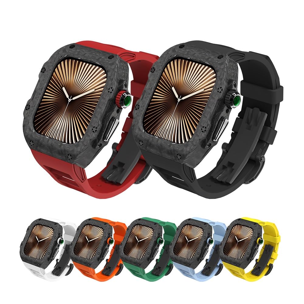 Do Apple Watch S10 46 mm luksusowy zestaw do modyfikacji etui do zegarka z włókna węglowego, do iWatch Series Ultra 2, 49 mm, 9, 8, 7, 6, 5, 4, SE, 44 mm, 45 mm, ramka (czerwony, 46 mm)