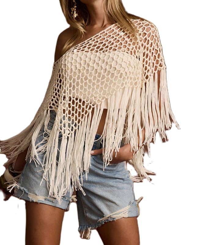 NUFIWI Women Y2K Cutout Knit Poncho Sweater Asymmetrical Crochet Ponchos Cover Up See Through Wrap Bolero Shrug Tops