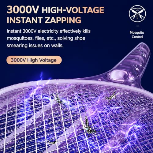 Image of FLYNGO 2 in 1 Mosquito Killer Racket with UV Light | Manual & Auto Kill Modes | Rechargeable Lithium Battery | Type-C USB Charging | Electric Mosquito Bat with Base Stand (White)