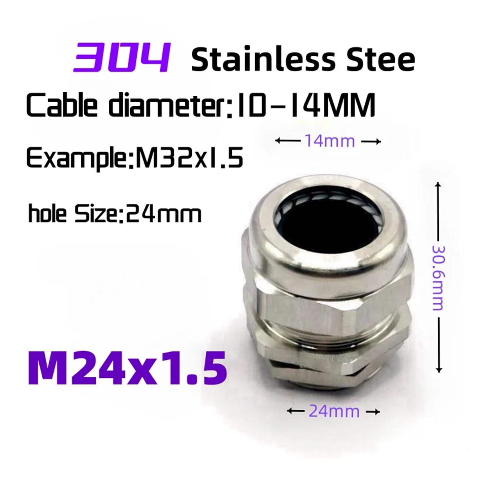 8 Stück wasserdichte Kabelverschraubung 304 Edelstahlverschraubungen IP68 PG7 PG9 M12 M16 Metallverbindung PG13.5 Befestigungsdichtung(M24x1.5 fit 10-14.0mm)