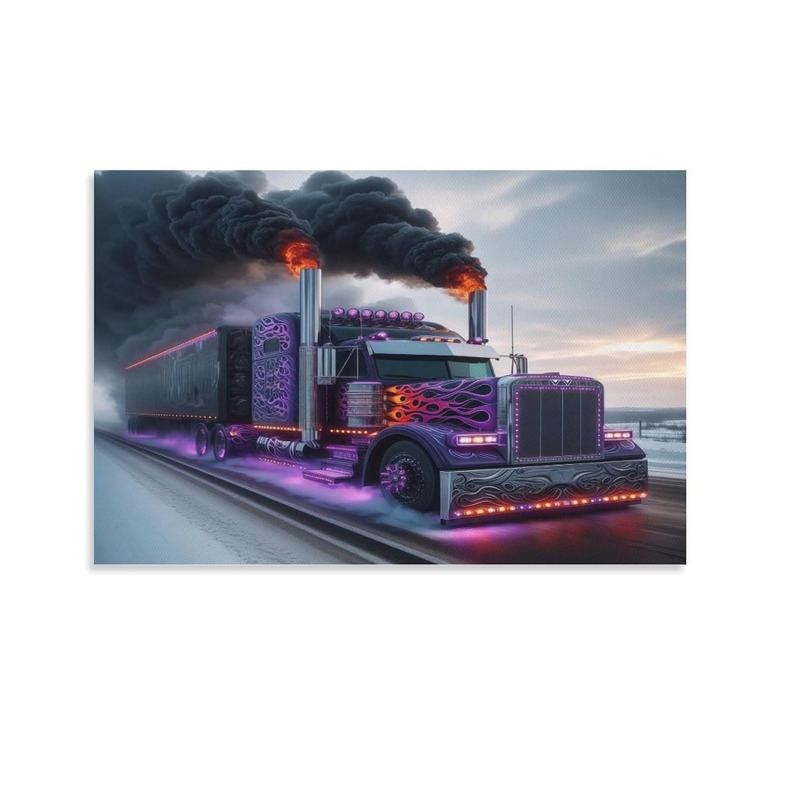 CPLVKWRQJ Customized Truck Art Individual Purple Neon Smoking Semi Truck Canvas Artwork - Bedroom Canvas Painting Easy to Clean Space Transformer Decor 20x30inch(50x75cm)