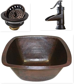 Simply Copper 15" Square Copper Bar Sink with 3.5" Strainer Drain and ORB Faucet
