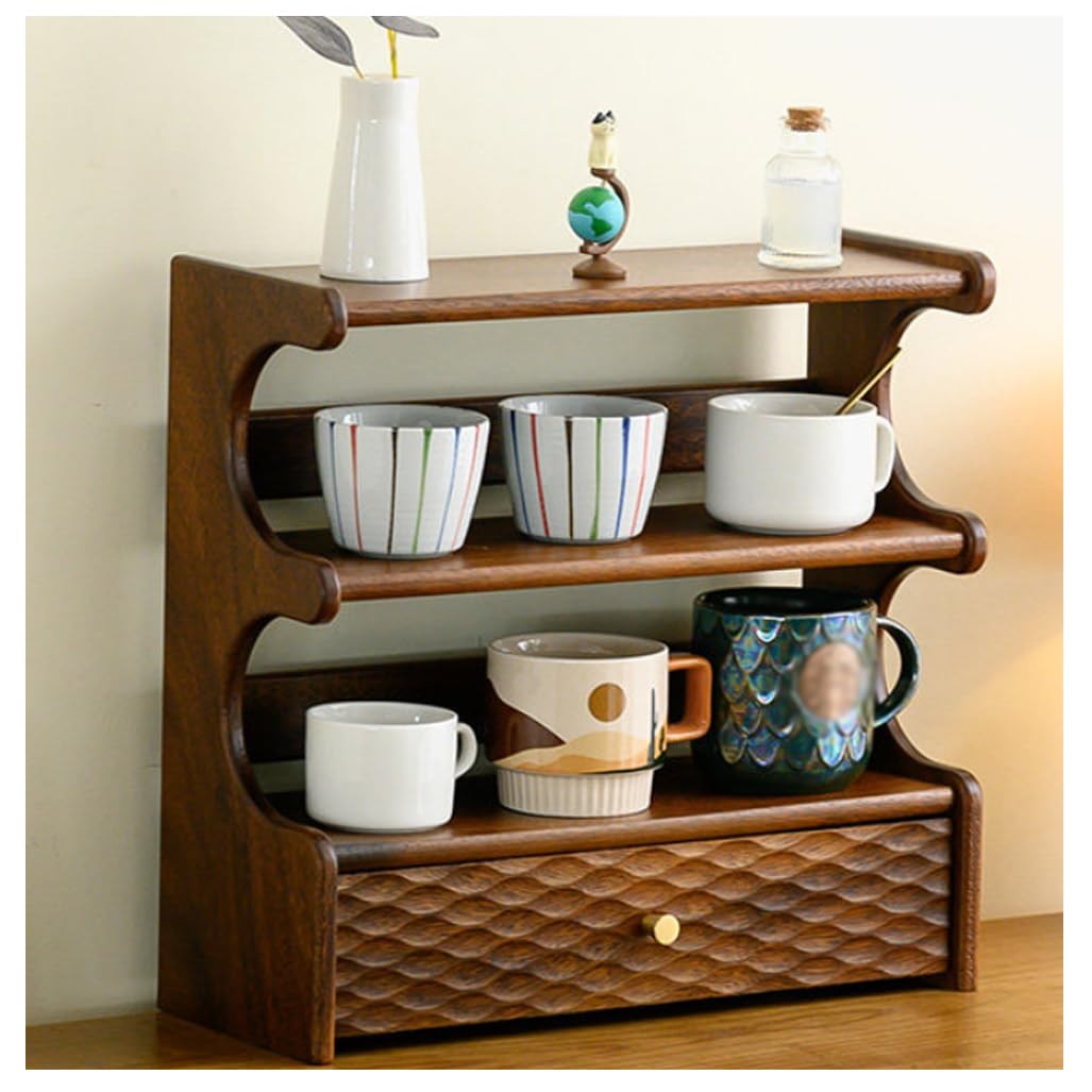 QDZC 3 Tier Coffee Mug Display Rack With Drawers Countertop Spice Jar Organizer Small Cup Holder Kitchen Storage Shelf for Home Office Home Furnishing brown1