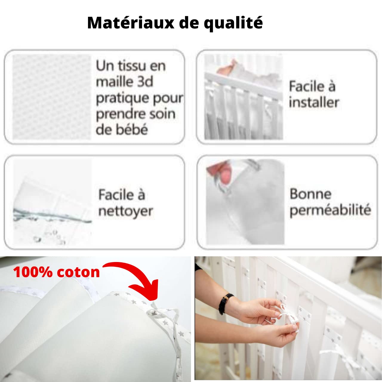 Tour de lit bébé/Lot de 2 pour lit bébé 60x120cm ou 70x140 cm/Protection de lit bébé avec Une visibilité maximale/Contour de lit bébé/Doublure de Berceau en Maille/Tour de lit Respirant