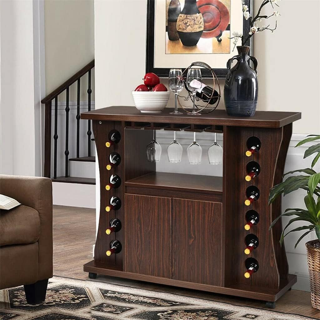 Rolling Buffet Sideboard Wooden Bar Storage Cabinet W/Wine Rack & Glass Holder (Color : Brown, Size : 43.5" x 15.5" x 36") (Brown 43.5" x 15.5" x 36")