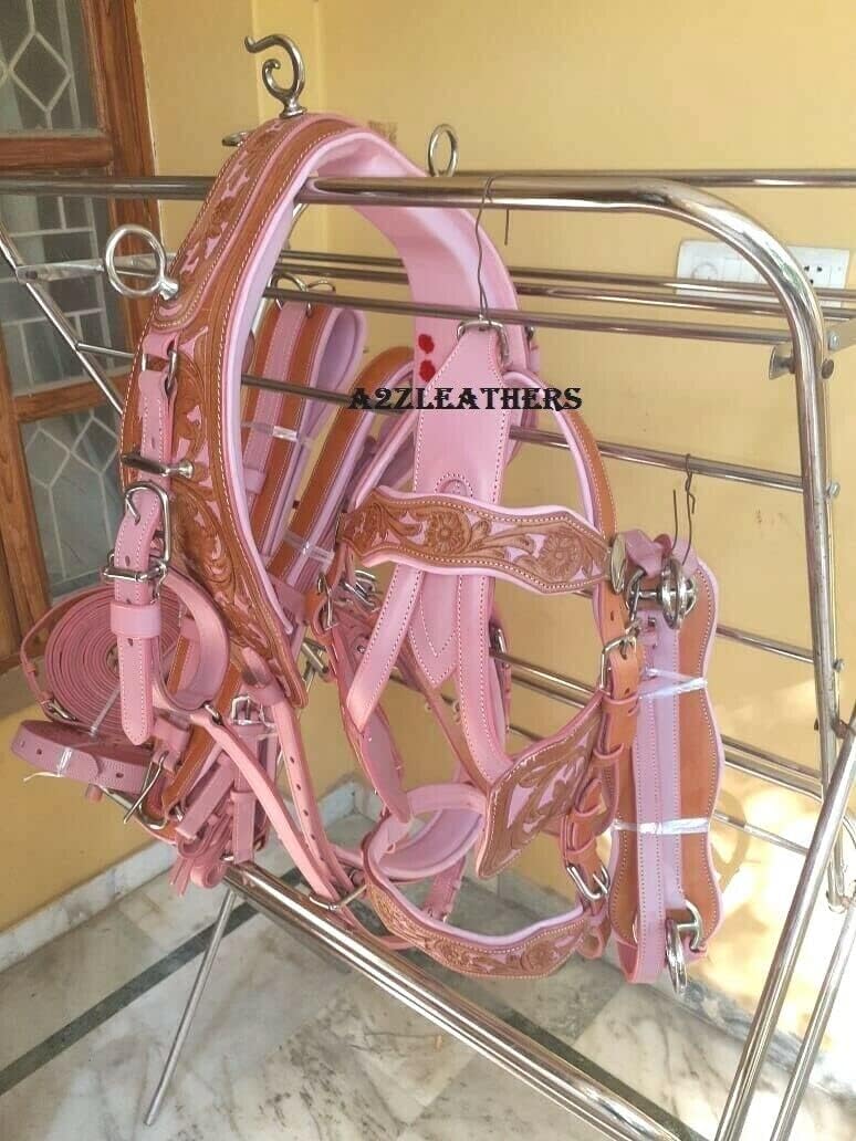 Designer Natural Pink Color Leather Carved Driving harnes for single horse cart In 4 Size