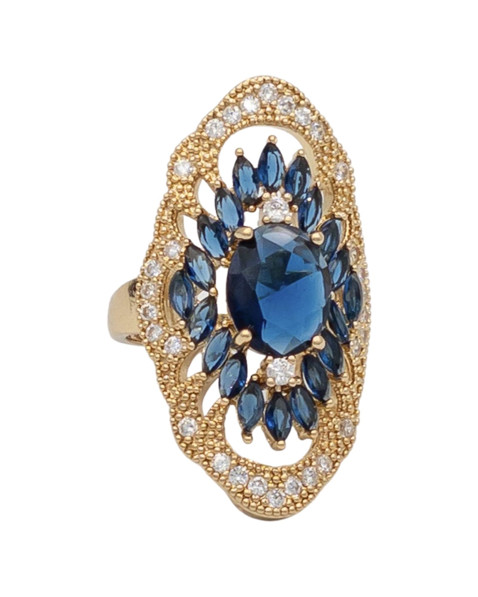 MUCCY Pieces of StyleCrystal Blue Stone Long Style Adjustable Ring 3.5cm, Metal, 18ct Gold Plated