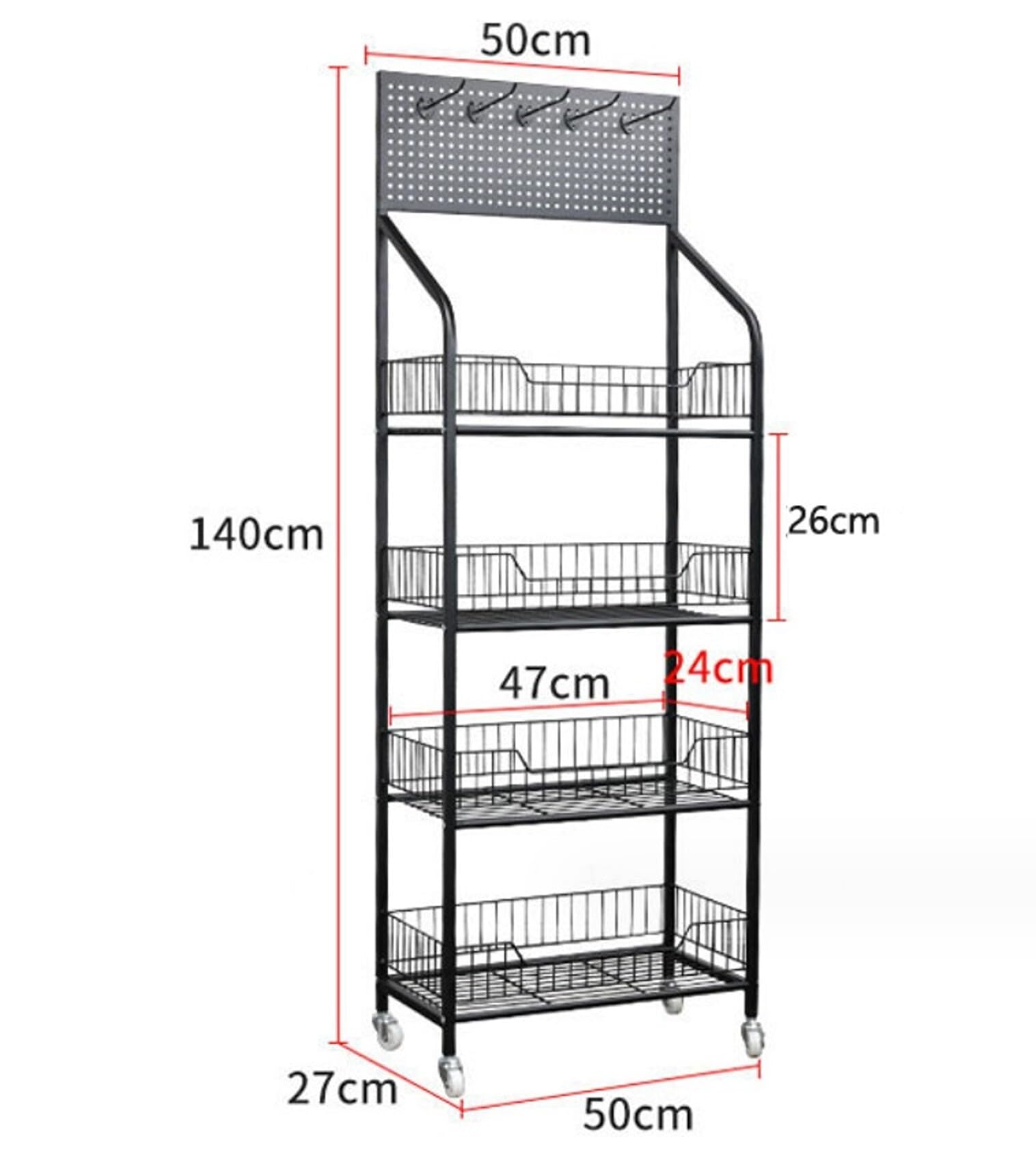 Scaffalature per negozi al dettaglio – 140 x 50 x 27 cm – Scaffalature per negozi con 4 ruote – Scaffale per stoccaggio con 4 ripiani – Scaffale da officina con 5 ganci a parete forata – Scaffale per