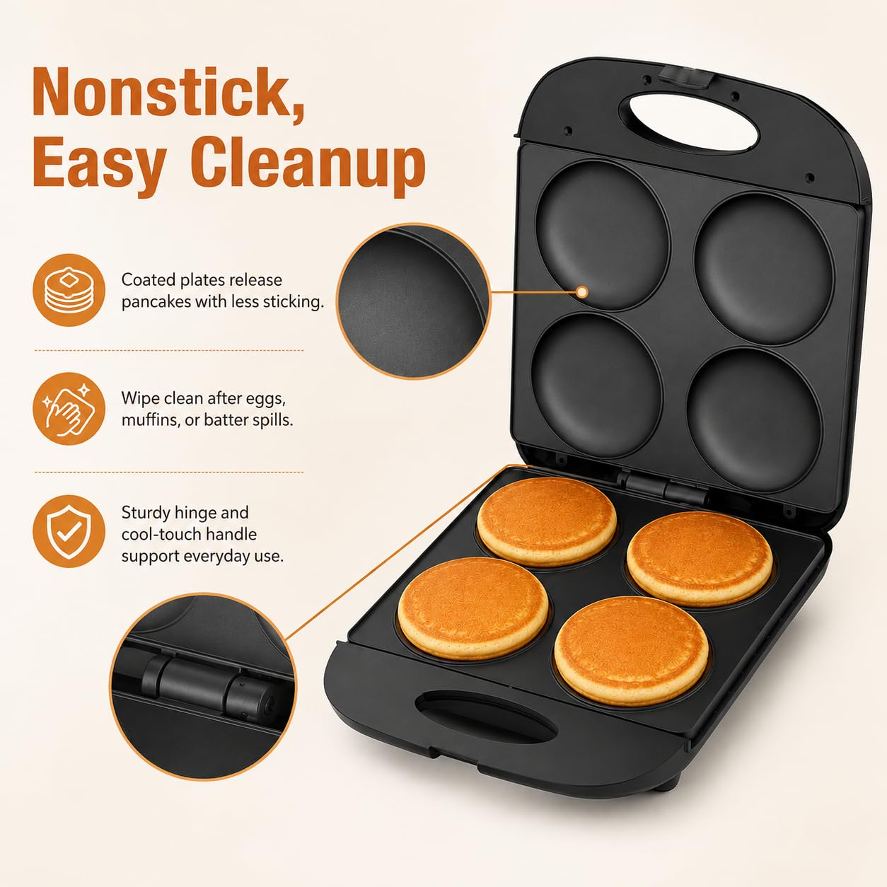 Mini Pancake Maker, 4 Ranuras para Pancakes, Huevos y Hamburguesas