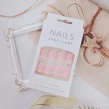24 Pcs Nude Pink Press on Nails Short Square - YEFIUO Cute Fake Nails Press ons Glossy Nail Tips Full Cover False Nails with Ombre Designs Glue on Nails Kit Acrylic Set Festival Nail Art DIY for Women