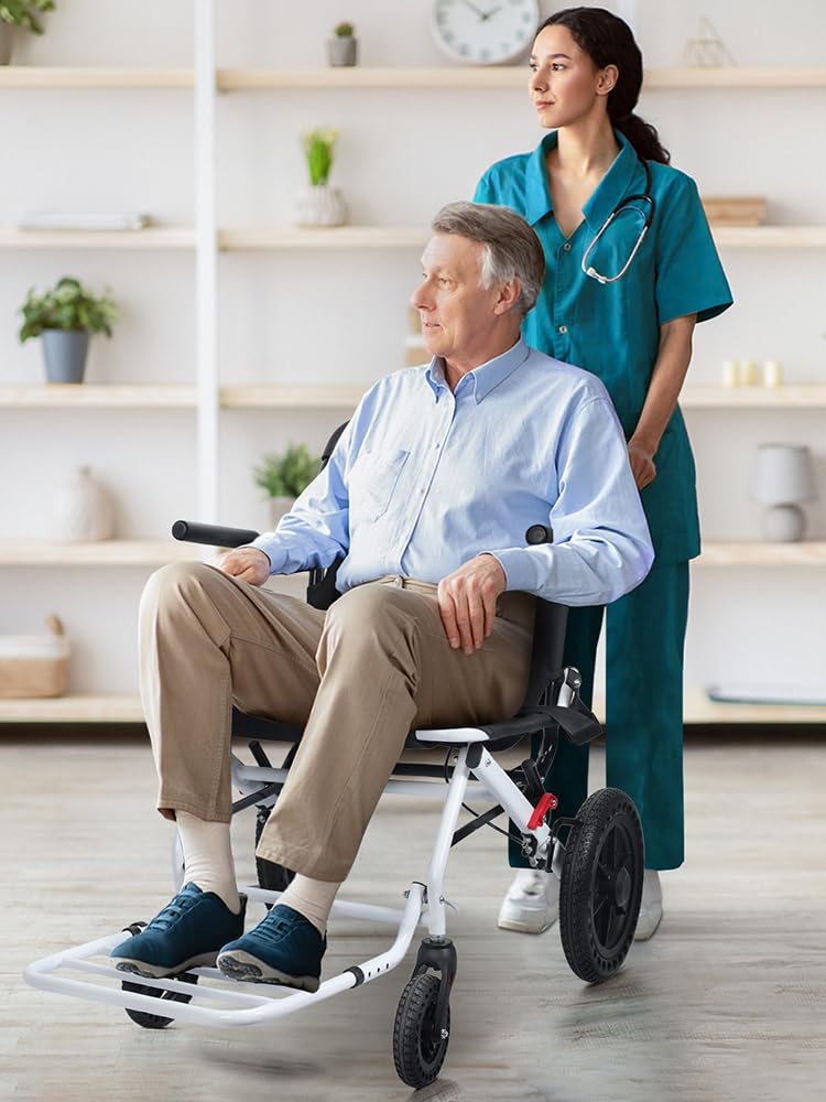 Silla de ruedas ligera para adultos (solo 14 libras), sillas de ruedas plegables para personas mayores con ruedas traseras de 12 pulgadas, silla de transporte compacta (soporta 264 libras) para viajes