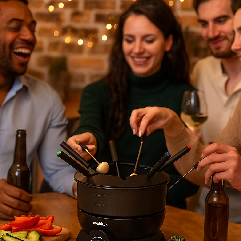 Fondue Eléctrico para 6 Personas, Fondue para Queso, Chocolate, Carne, Caldo y Más, Capacidad de 1.3L, Antiadherente, Termostato Regulável
