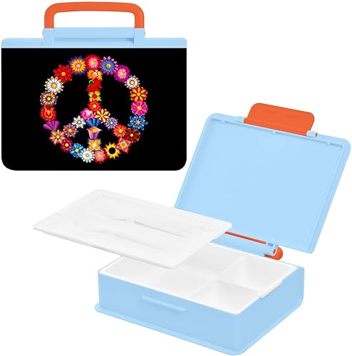 DOMIKING Sign Peace From Flowers Lunch Box Kids Bento Box with Forks and Spoons 3 Compartments Microwavable Lunch Storage Containers for Adults