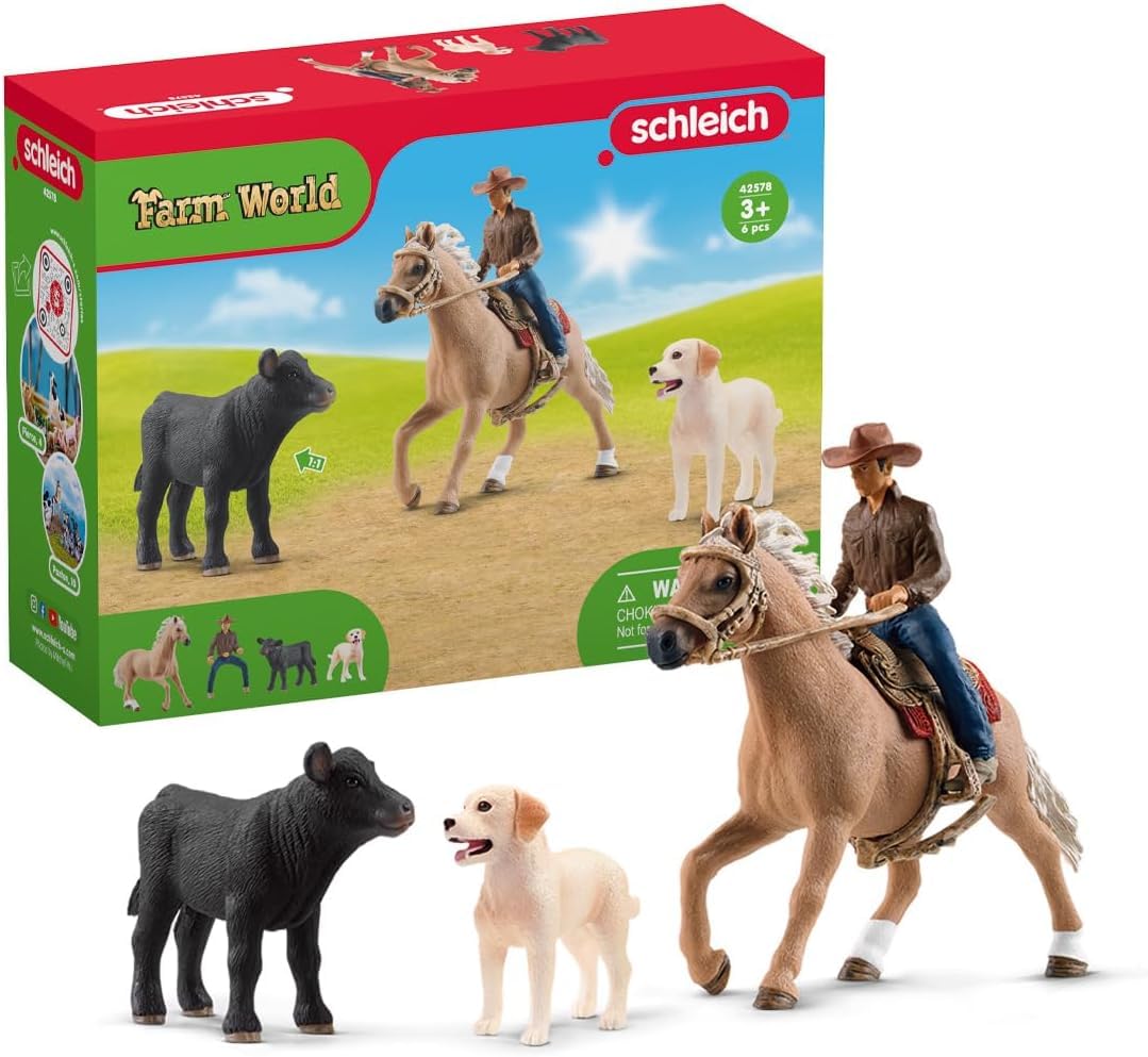 SCHLEICH Farm World 42578 Rodeo Calf Adventure Playset - Cowboy Rodeo Rider Figurine with Horse, Cow, and Dog, Realistic Western Rodeo Animal Figures and Accessories, Farm Playset for Boys and Girls