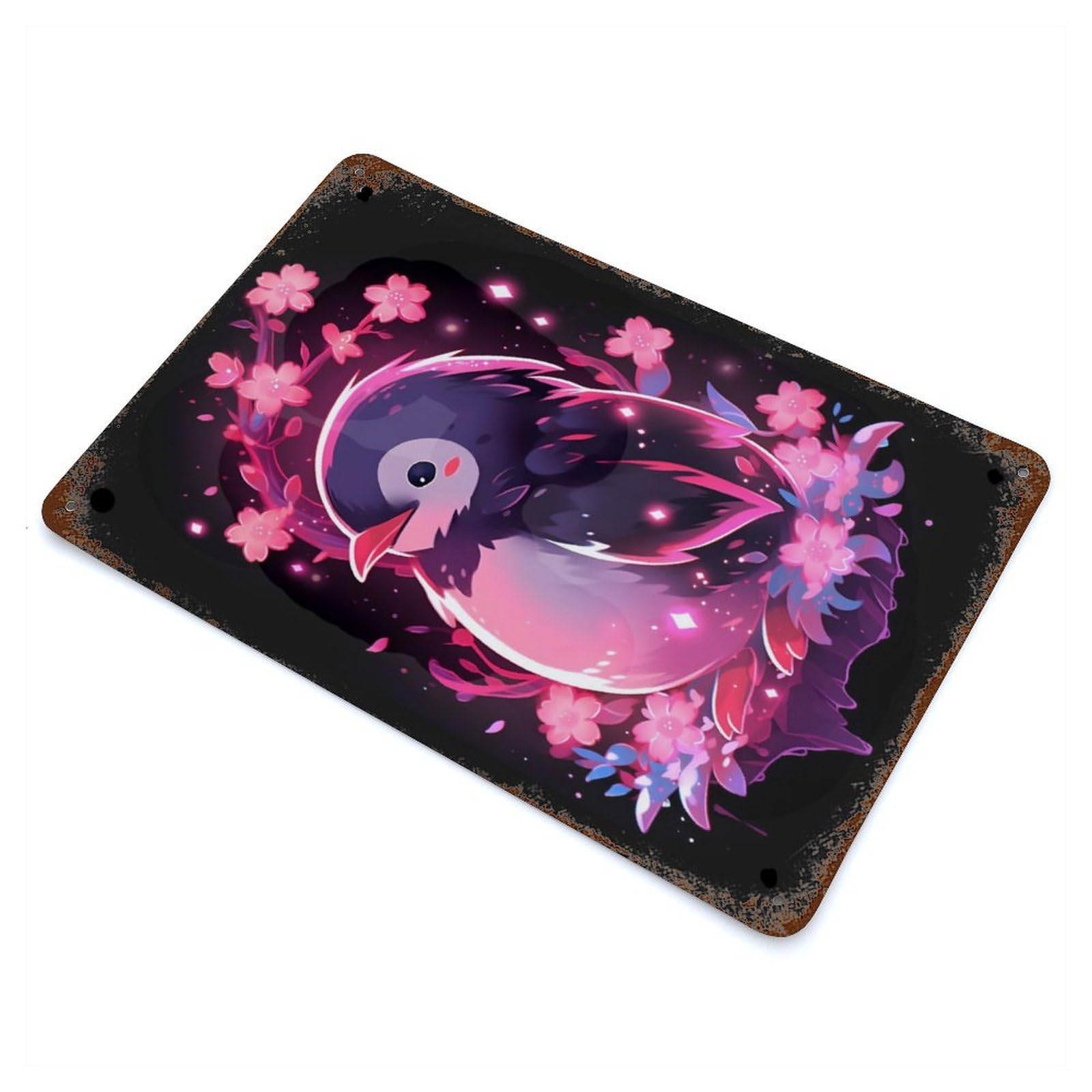 Rust Effect Shiny Pink Flower Penguin Distressed Metal Wall Sign 11.8"x7.9", Decorative Metal Wall Art for Living Room, Hallway And Home Decor